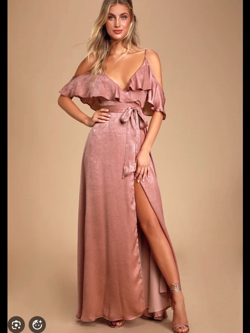 Lulu's Blush Rose Satin Ruffle Off-Shoulder Maxi Dress